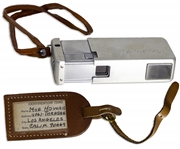 Moe Howard's Handwritten Luggage Tag & His Minolta-16 Miniature Camera, in Brown Leather Case -- Leather Tag Measures 3.75'' x 2'', Cased Camera Measures 4'' x 2'' -- Very Good